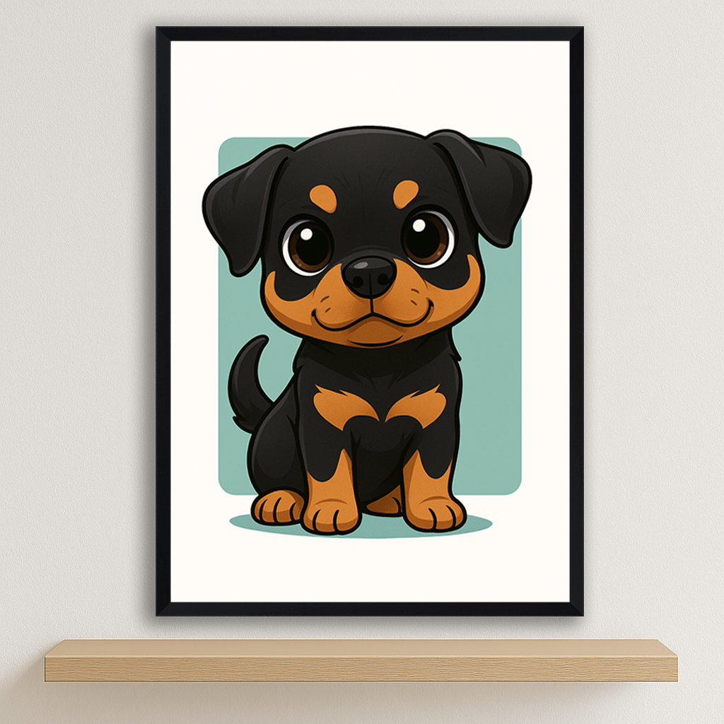 Rottweiler in stile Chibi stampato su forex, cornice nero, disponibile in 30x40, 40x50 e 50x70 cm