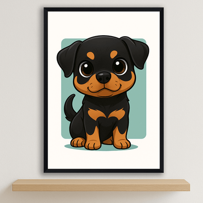 Rottweiler in stile Chibi stampato su forex, cornice nero, disponibile in 30x40, 40x50 e 50x70 cm