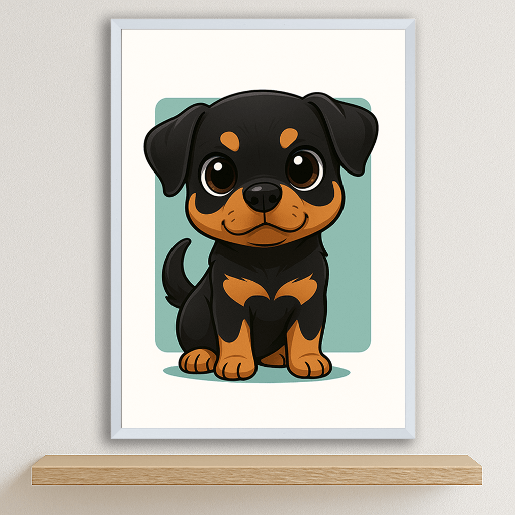 Rottweiler in stile Chibi stampato su forex, cornice bianco, disponibile in 30x40, 40x50 e 50x70 cm