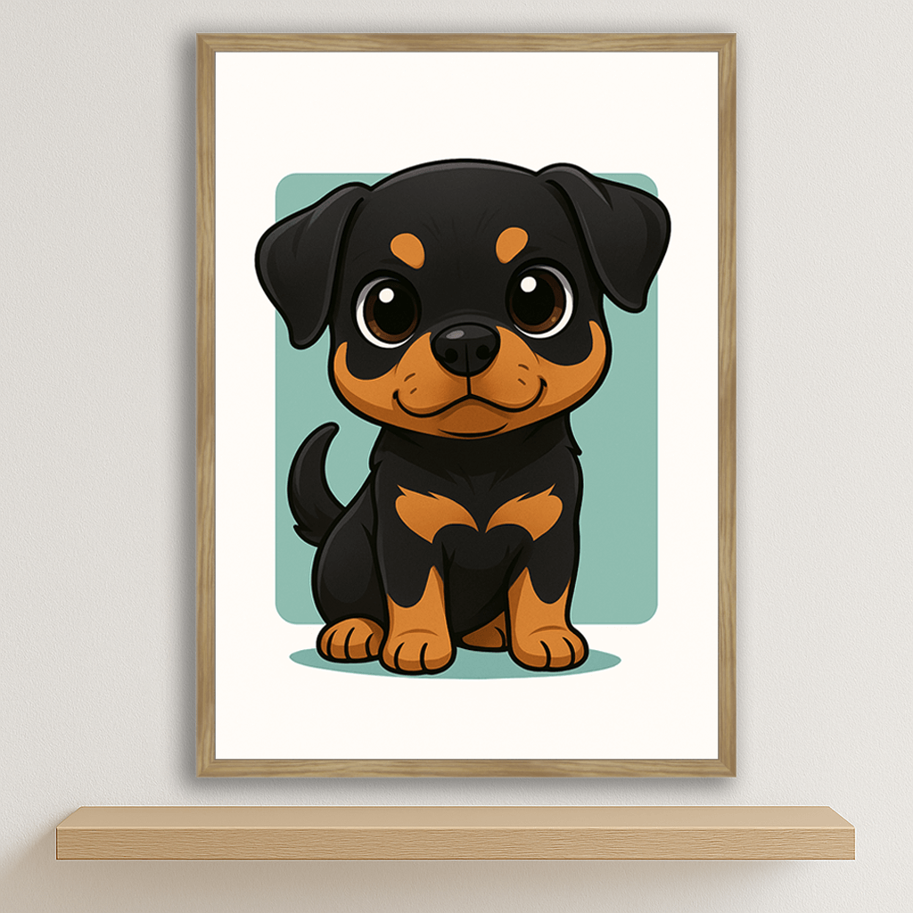 Rottweiler in stile Chibi stampato su forex, cornice legno, disponibile in 30x40, 40x50 e 50x70 cm