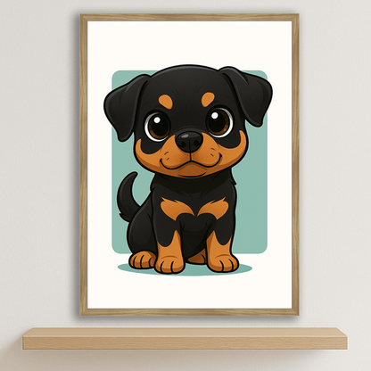 Rottweiler in stile Chibi stampato su forex, cornice legno, disponibile in 30x40, 40x50 e 50x70 cm