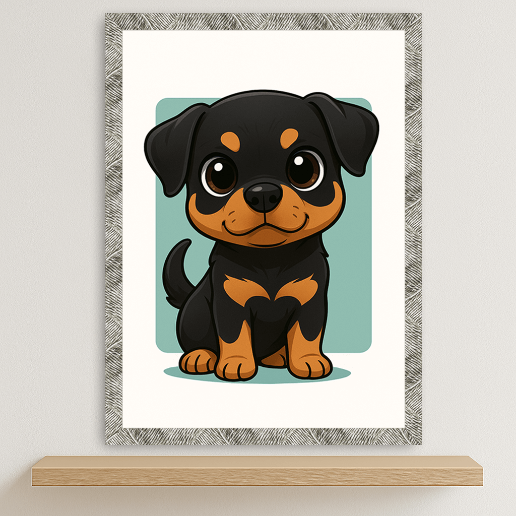 Rottweiler in stile Chibi stampato su forex, cornice argento, disponibile in 30x40, 40x50 e 50x70 cm