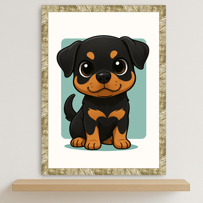 Rottweiler in stile Chibi stampato su forex, cornice oro, disponibile in 30x40, 40x50 e 50x70 cm