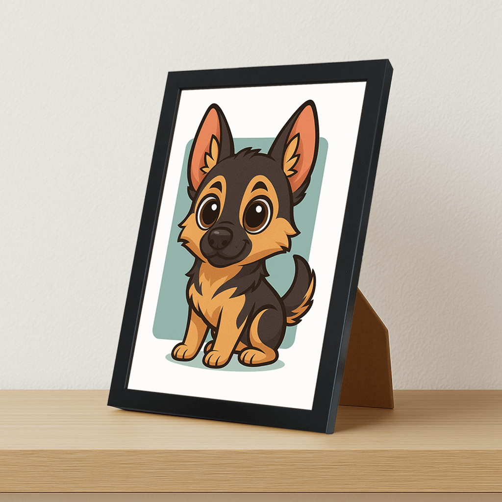 Pastore Tedesco in stile Chibi stampato su forex, cornice portafoto nero, misura 21x29.7