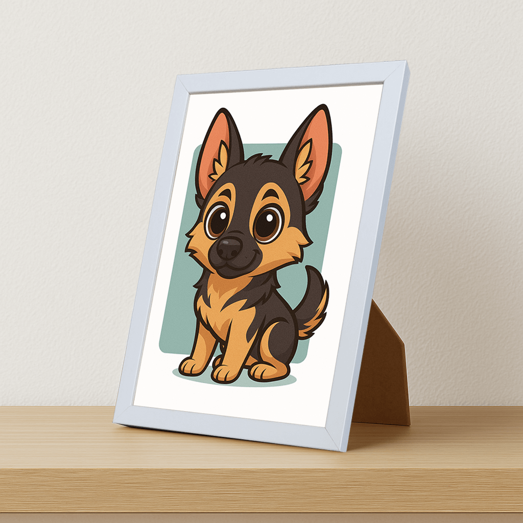 Pastore Tedesco in stile Chibi stampato su forex, cornice portafoto bianco, misura 21x29.7