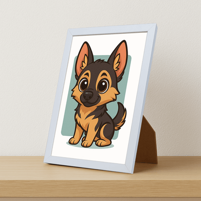 Pastore Tedesco in stile Chibi stampato su forex, cornice portafoto bianco, misura 21x29.7