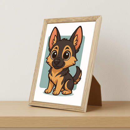 Pastore Tedesco in stile Chibi stampato su forex, cornice portafoto legno, misura 21x29.7