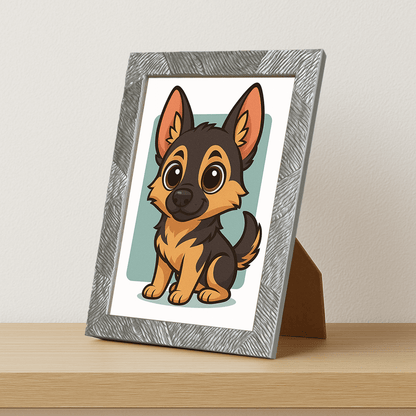 Pastore Tedesco in stile Chibi stampato su forex, cornice portafoto argento, misura 21x29.7