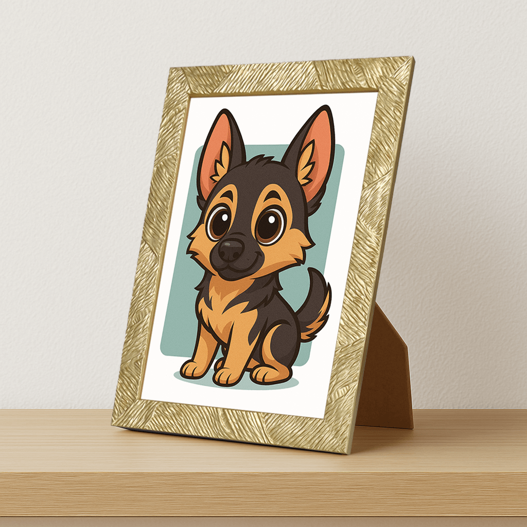 Pastore Tedesco in stile Chibi stampato su forex, cornice portafoto oro, misura 21x29.7