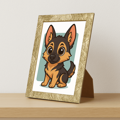Pastore Tedesco in stile Chibi stampato su forex, cornice portafoto oro, misura 21x29.7