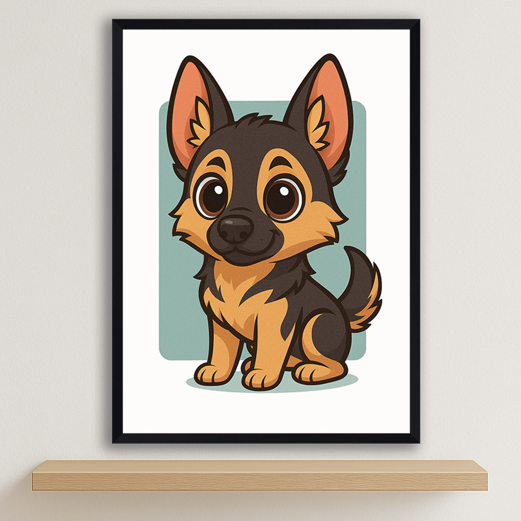 Pastore Tedesco in stile Chibi stampato su forex, cornice nero, disponibile in 30x40, 40x50 e 50x70 cm