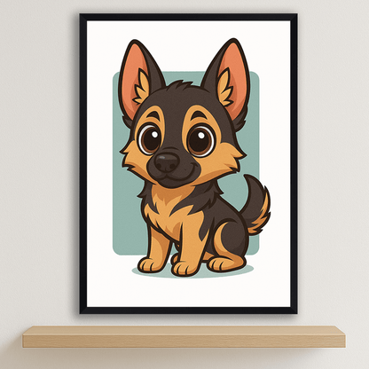 Pastore Tedesco in stile Chibi stampato su forex, cornice nero, disponibile in 30x40, 40x50 e 50x70 cm