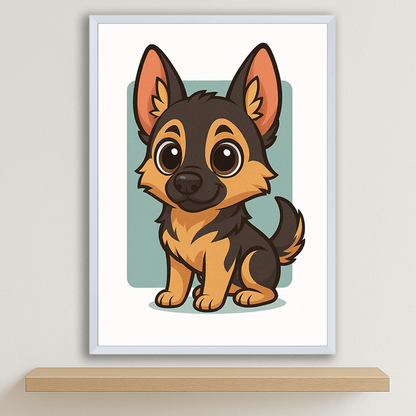 Pastore Tedesco in stile Chibi stampato su forex, cornice bianco, disponibile in 30x40, 40x50 e 50x70 cm