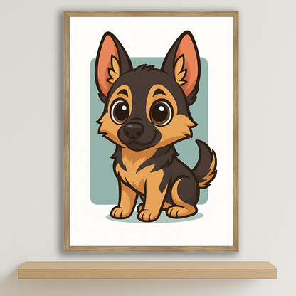 Pastore Tedesco in stile Chibi stampato su forex, cornice legno, disponibile in 30x40, 40x50 e 50x70 cm
