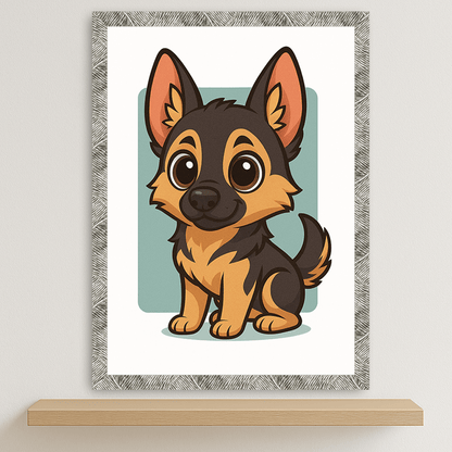 Pastore Tedesco in stile Chibi stampato su forex, cornice argento, disponibile in 30x40, 40x50 e 50x70 cm
