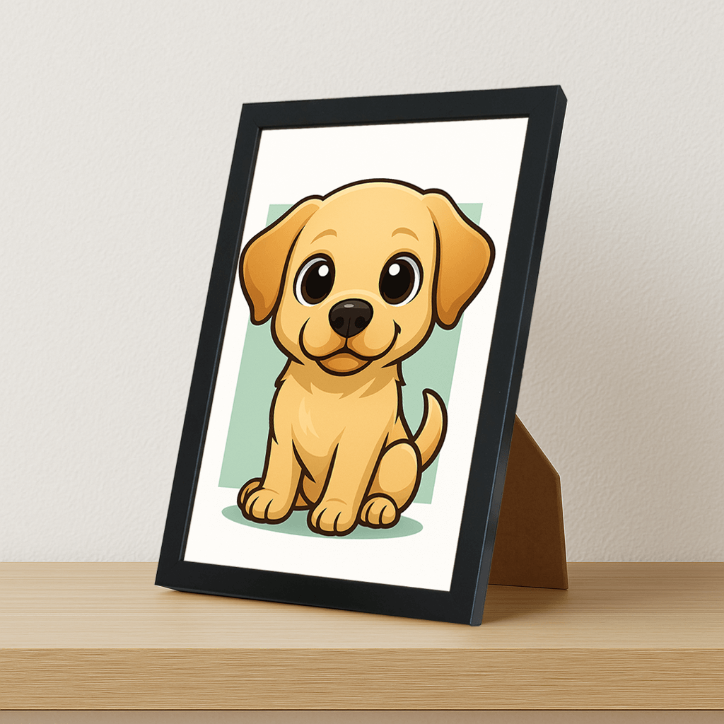Labrador Retriever in stile Chibi stampato su forex, cornice portafoto nero, misura 21x29.7