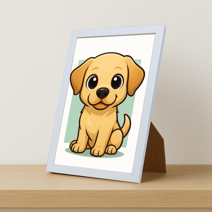 Labrador Retriever in stile Chibi stampato su forex, cornice portafoto bianco, misura 21x29.7