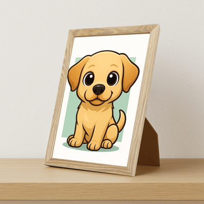 Labrador Retriever in stile Chibi stampato su forex, cornice portafoto legno, misura 21x29.7