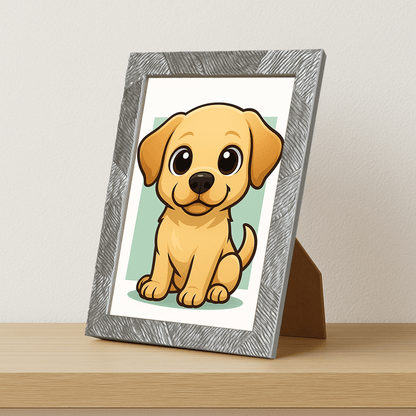 Labrador Retriever in stile Chibi stampato su forex, cornice portafoto argento, misura 21x29.7