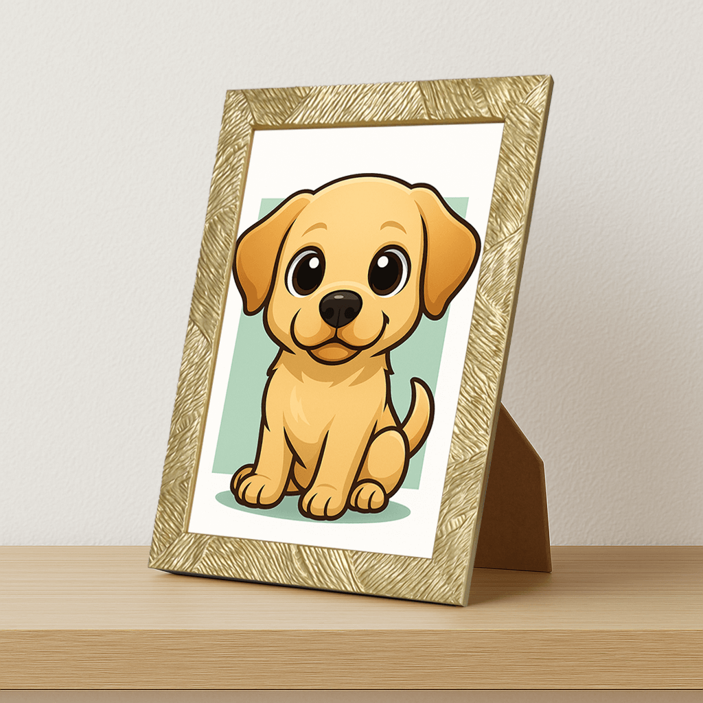 Labrador Retriever in stile Chibi stampato su forex, cornice portafoto oro, misura 21x29.7