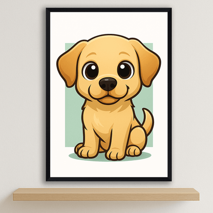 Labrador Retriever in stile Chibi stampato su forex, cornice nero, disponibile in 30x40, 40x50 e 50x70 cm