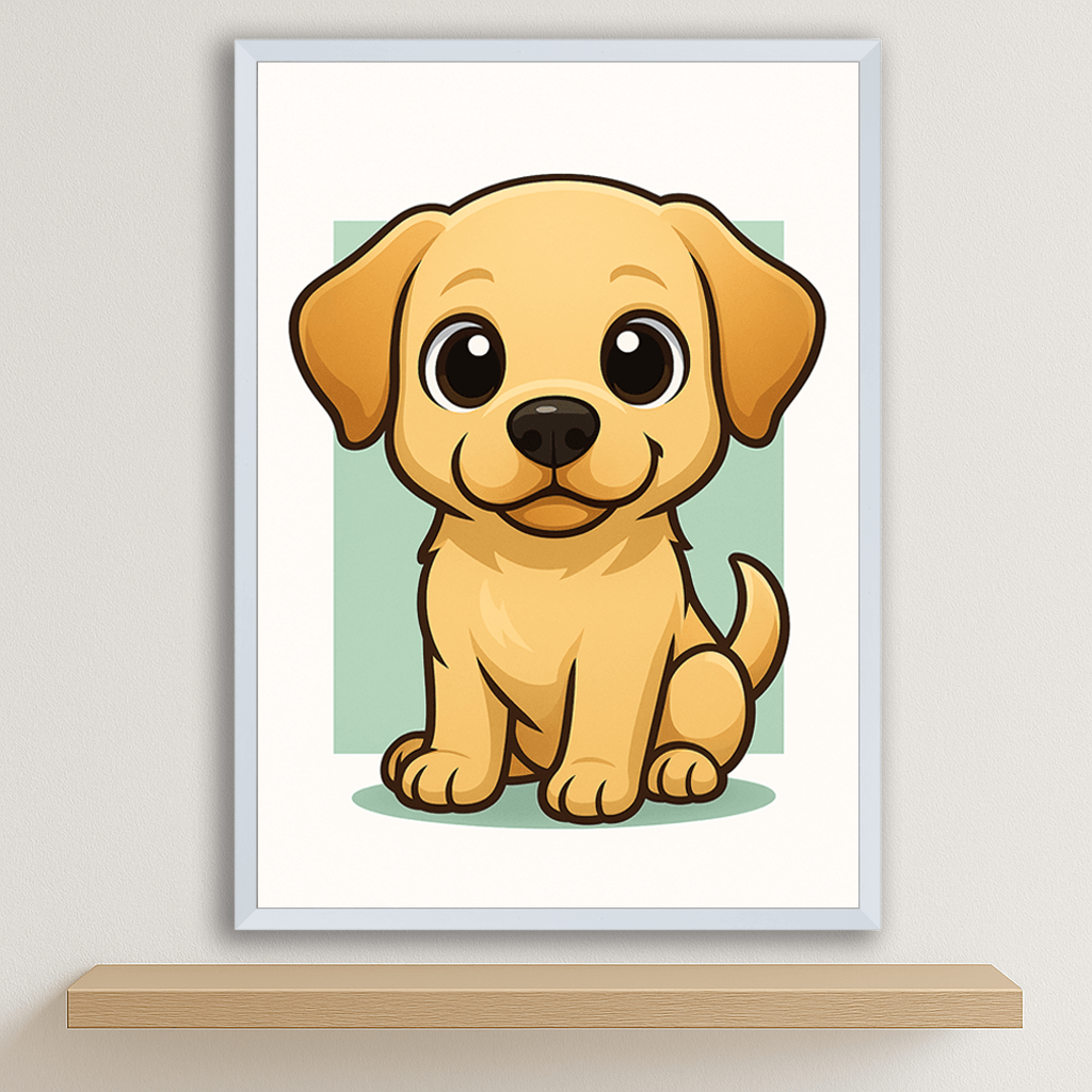 Labrador Retriever in stile Chibi stampato su forex, cornice bianco, disponibile in 30x40, 40x50 e 50x70 cm