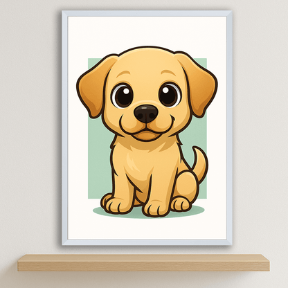 Labrador Retriever in stile Chibi stampato su forex, cornice bianco, disponibile in 30x40, 40x50 e 50x70 cm