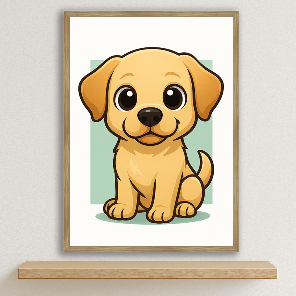 Labrador Retriever in stile Chibi stampato su forex, cornice legno, disponibile in 30x40, 40x50 e 50x70 cm