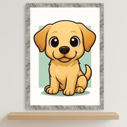 Labrador Retriever in stile Chibi stampato su forex, cornice argento, disponibile in 30x40, 40x50 e 50x70 cm