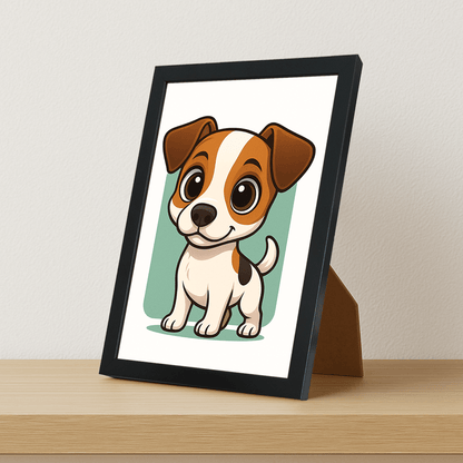 Jack Russell Terrier in stile Chibi stampato su forex, cornice portafoto nero, misura 21x29.7