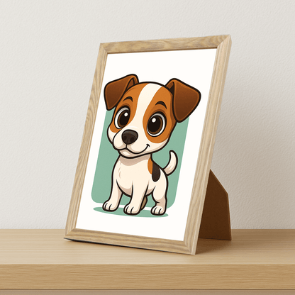 Jack Russell Terrier in stile Chibi stampato su forex, cornice portafoto legno, misura 21x29.7