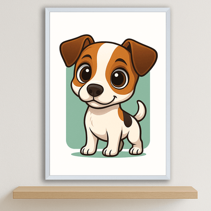 Jack Russell Terrier in stile Chibi stampato su forex, cornice bianco, disponibile in 30x40, 40x50 e 50x70 cm
