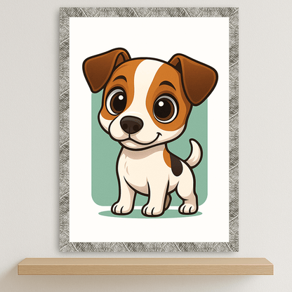 Jack Russell Terrier in stile Chibi stampato su forex, cornice argento, disponibile in 30x40, 40x50 e 50x70 cm
