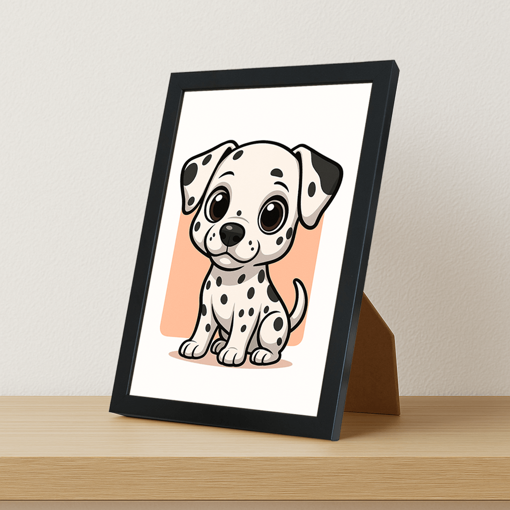 Dalmata in stile Chibi stampato su forex, cornice portafoto nero, misura 21x29.7