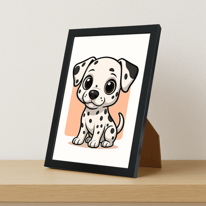 Dalmata in stile Chibi stampato su forex, cornice portafoto nero, misura 21x29.7