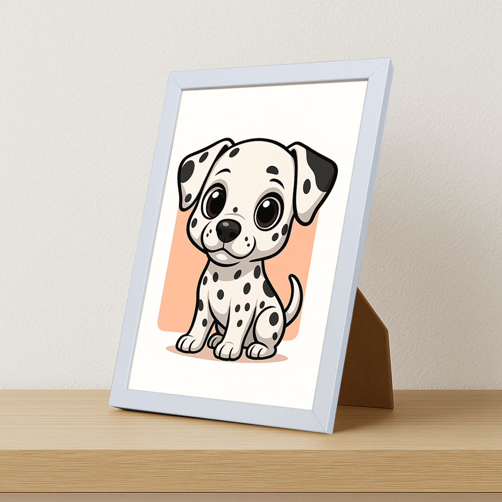 Dalmata in stile Chibi stampato su forex, cornice portafoto bianco, misura 21x29.7