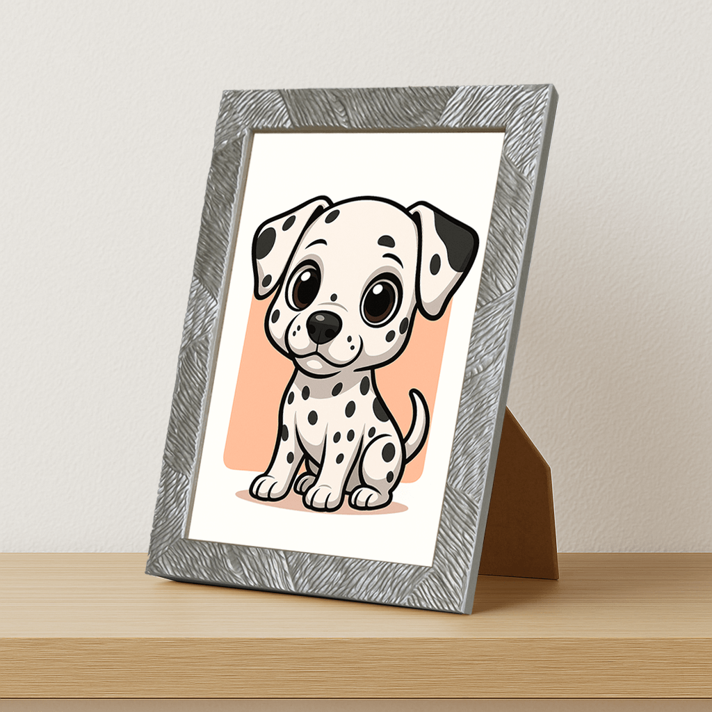 Dalmata in stile Chibi stampato su forex, cornice portafoto argento, misura 21x29.7