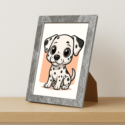 Dalmata in stile Chibi stampato su forex, cornice portafoto argento, misura 21x29.7