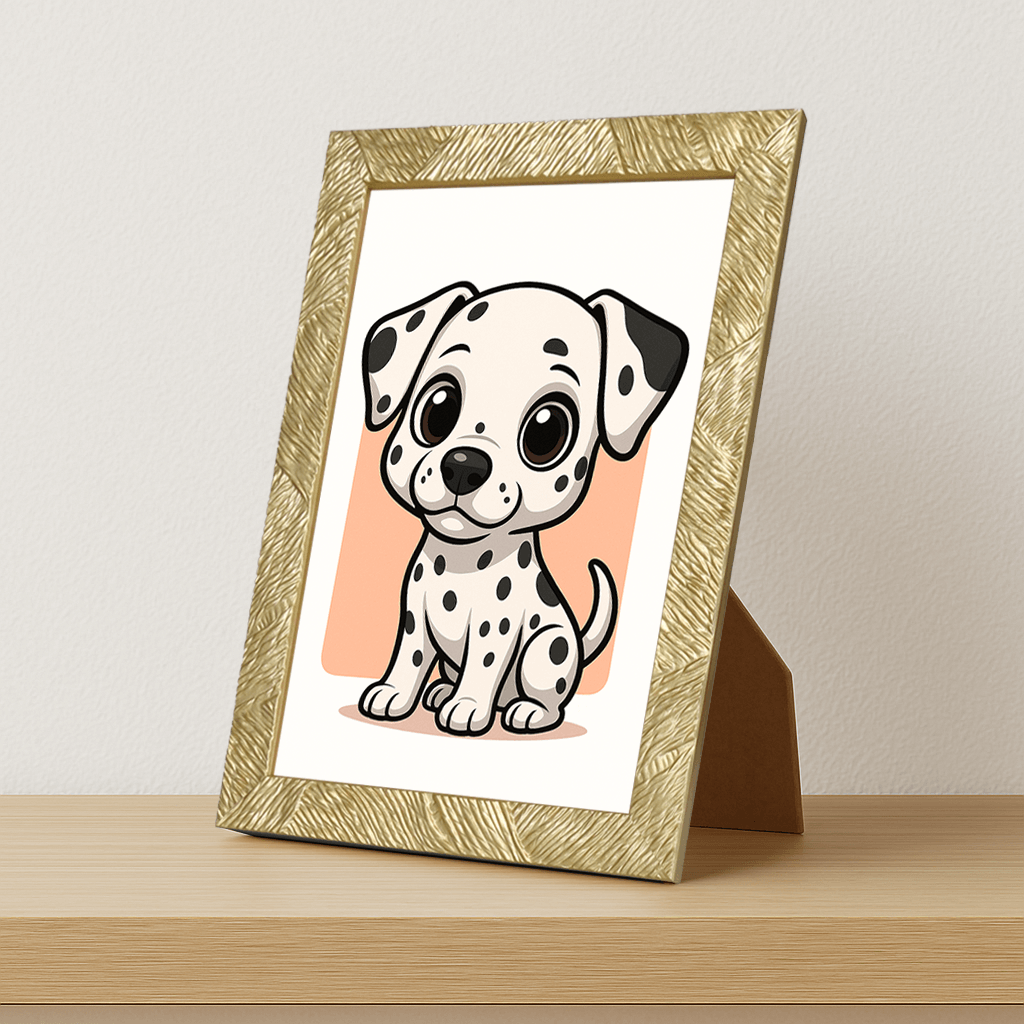 Dalmata in stile Chibi stampato su forex, cornice portafoto oro, misura 21x29.7