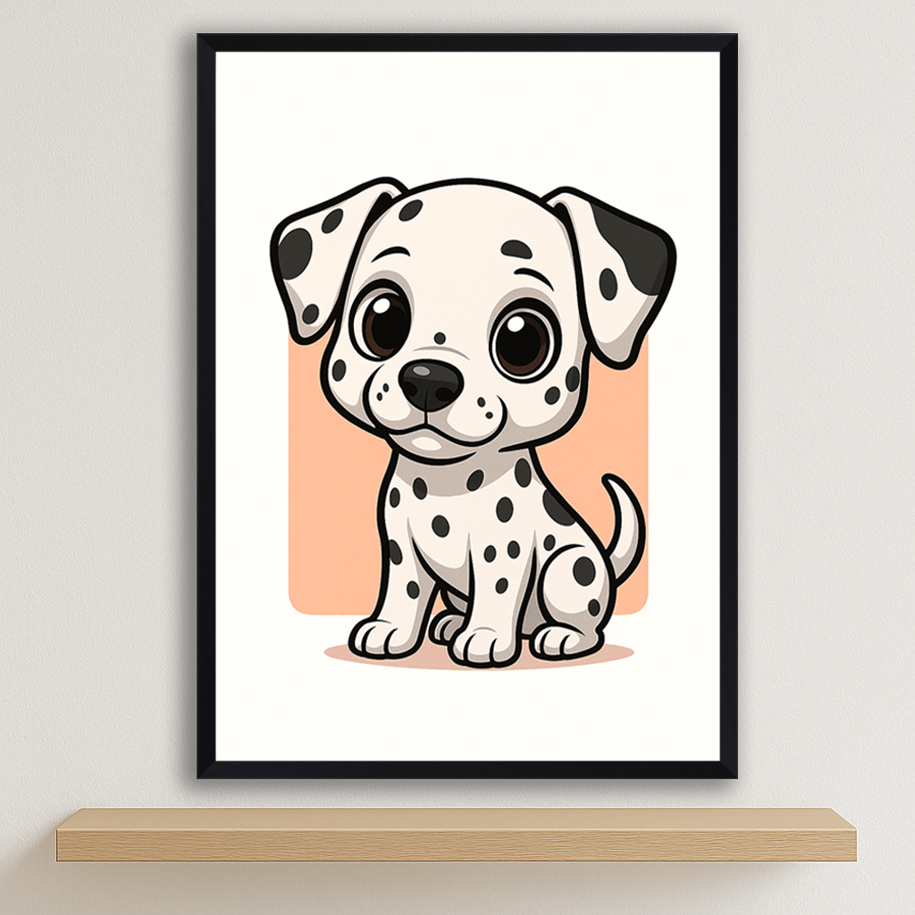 Dalmata in stile Chibi stampato su forex, cornice nero, disponibile in 30x40, 40x50 e 50x70 cm