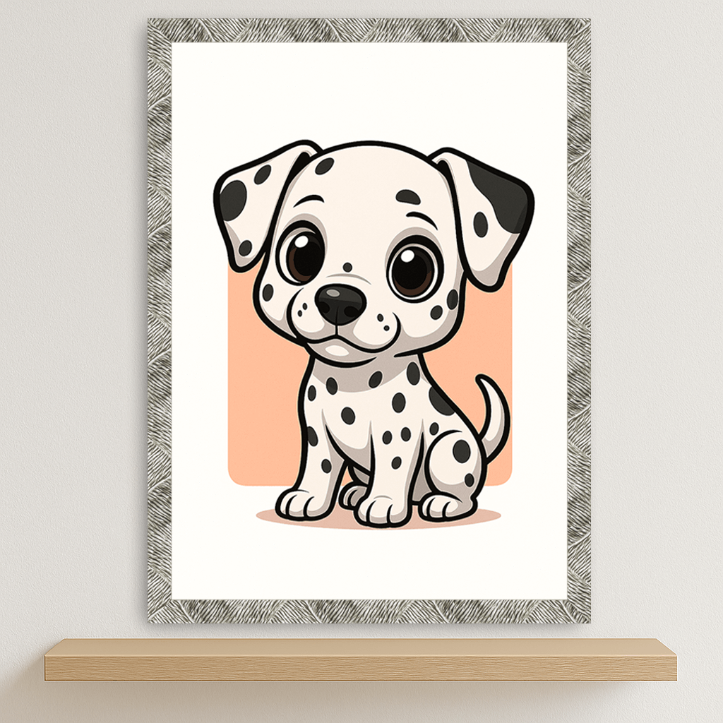 Dalmata in stile Chibi stampato su forex, cornice argento, disponibile in 30x40, 40x50 e 50x70 cm