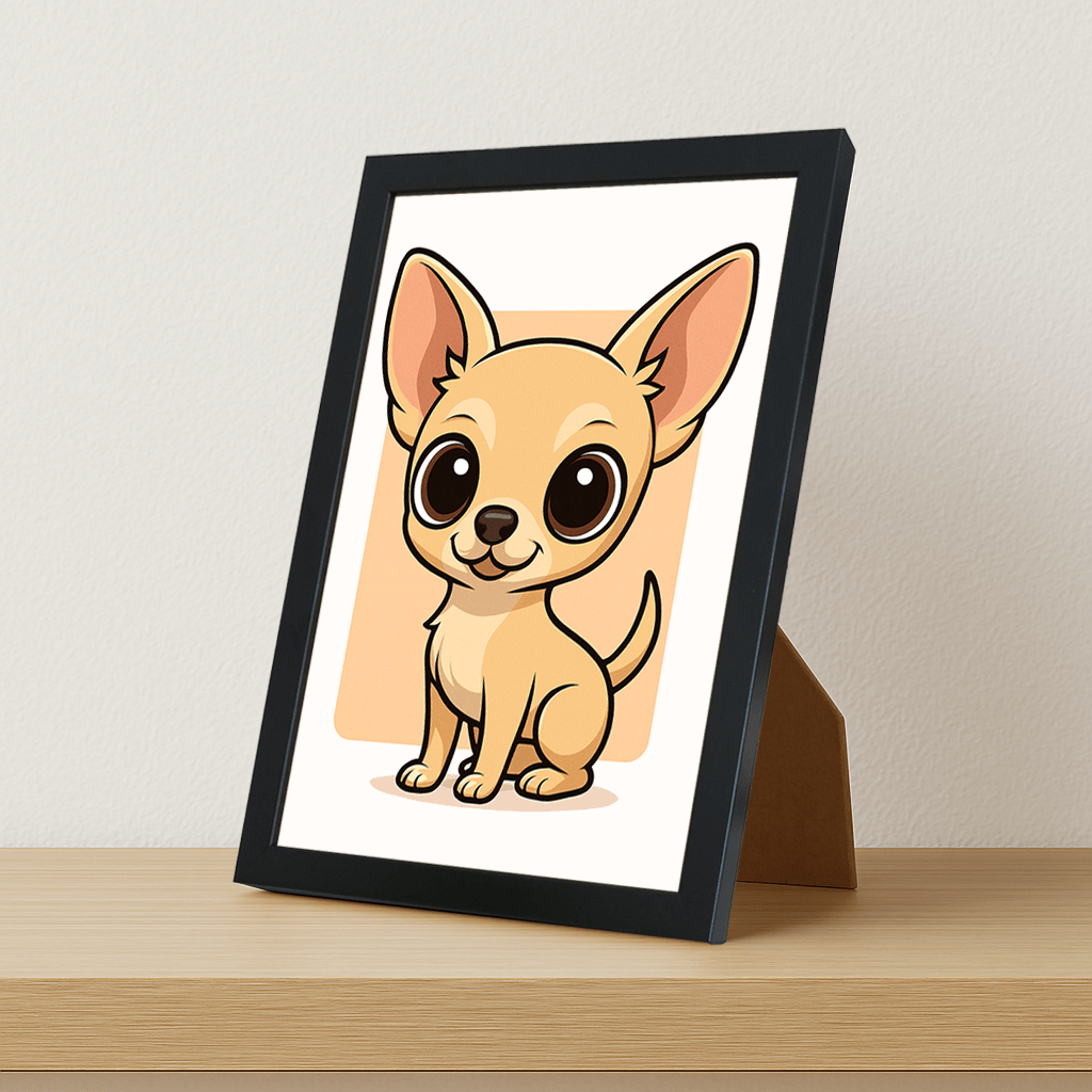 Chihuahua in stile Chibi stampato su forex, cornice portafoto nero, misura 21x29.7