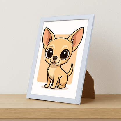 Chihuahua in stile Chibi stampato su forex, cornice portafoto bianco, misura 21x29.7