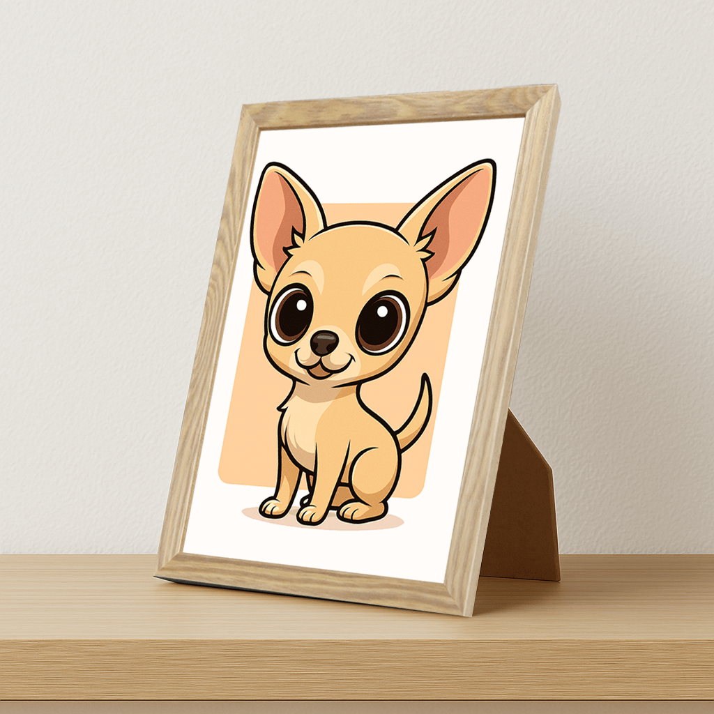 Chihuahua in stile Chibi stampato su forex, cornice portafoto legno, misura 21x29.7