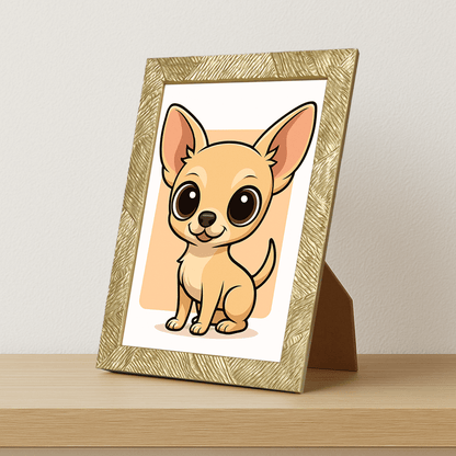 Chihuahua in stile Chibi stampato su forex, cornice portafoto oro, misura 21x29.7
