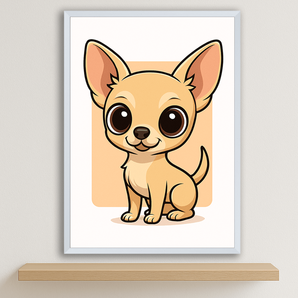 Chihuahua in stile Chibi stampato su forex, cornice bianco, disponibile in 30x40, 40x50 e 50x70 cm