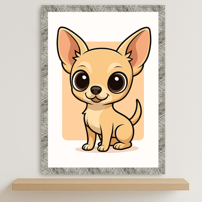 Chihuahua in stile Chibi stampato su forex, cornice argento, disponibile in 30x40, 40x50 e 50x70 cm