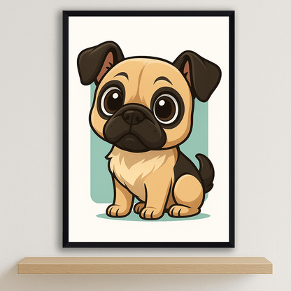 Carlino in stile Chibi stampato su forex, cornice nero, disponibile in 30x40, 40x50 e 50x70 cm