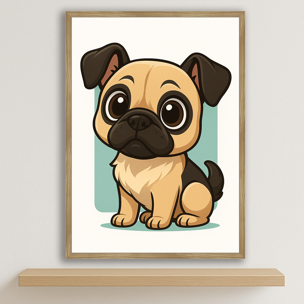 Carlino in stile Chibi stampato su forex, cornice legno, disponibile in 30x40, 40x50 e 50x70 cm