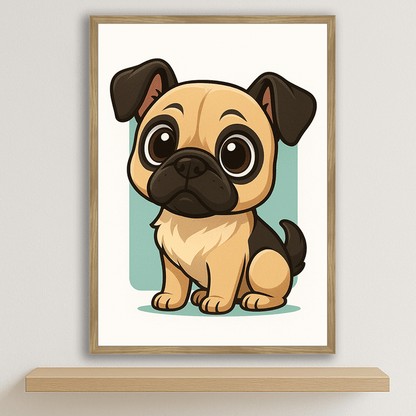 Carlino in stile Chibi stampato su forex, cornice legno, disponibile in 30x40, 40x50 e 50x70 cm